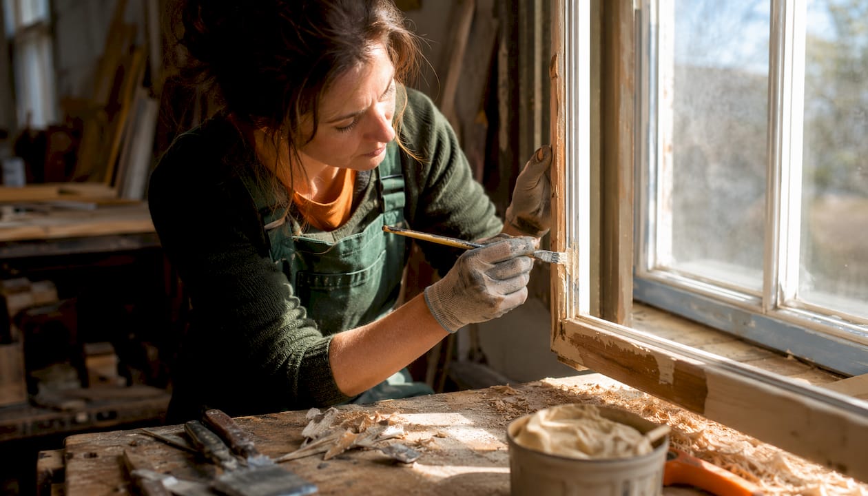 Specialist restoring timber sash window frame