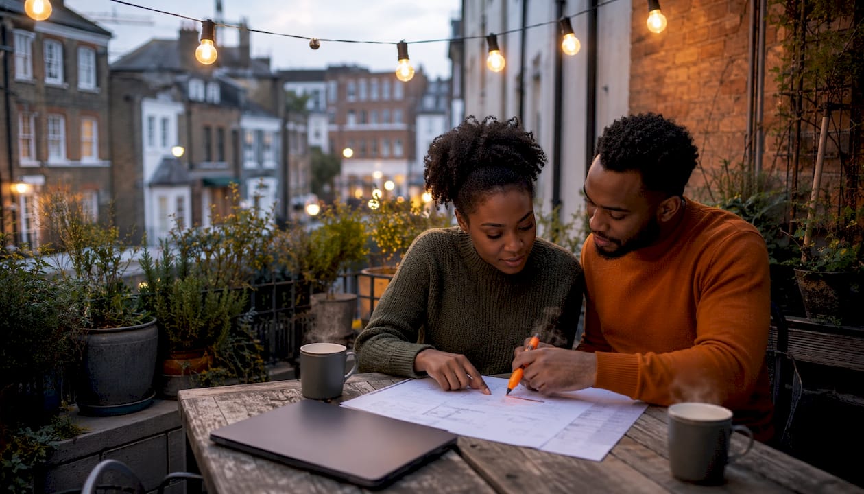 Couple reviewing planning permission documents at home